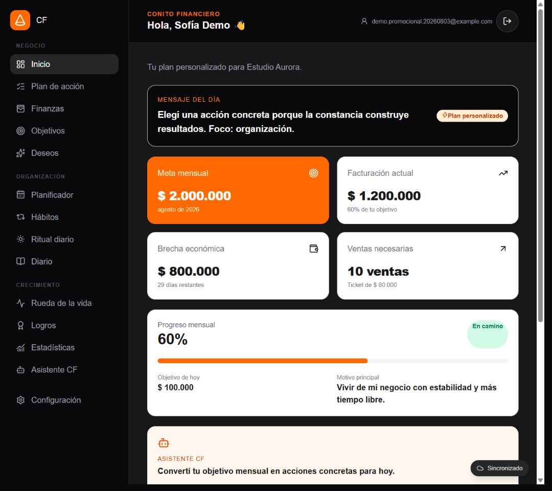 Captura del panel de Conito Financiero: meta mensual, facturación, ventas necesarias y progreso, con datos de demostración